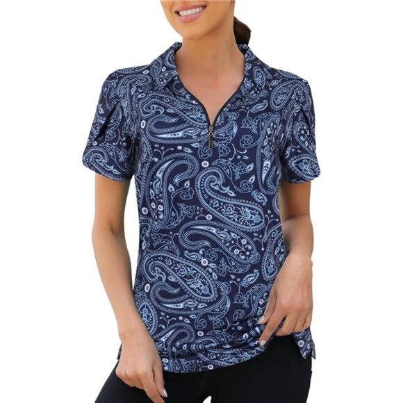 Womens Golf Polo Shirts 1/4 Zip Up Overlap Short Sleeve Quick Dry Workout Tops - Picture 1 of 6